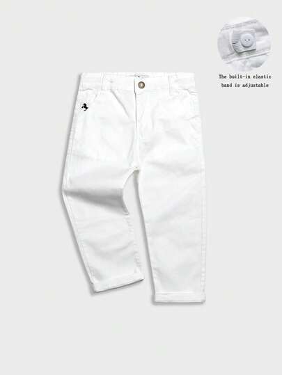 بناطيل كاجوال بيضاء مطرزة بشعار للأولاد للربيع والخريف, أزياء للعودة إلى المدرسة