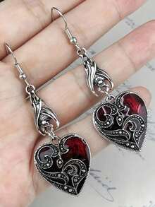 1 Pair Women's Gothic Style Dark Bat & Heart Shaped Alloy Dangle Earrings, Minimalist & Unique For Halloween - 銀色 - 查看 1