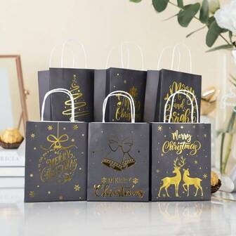 6 piezas Bolsa de tela con estampado en caliente por ambos lados, bolsa de regalo de Nochebuena, bolsa para llevar, bolsa de papel kraft, adecuada para regalos de vacaciones, regalos de cumpleaños, regalos de fiesta, empaque de tienda, empaque de Navidad y regalos, recuerdos de fiesta