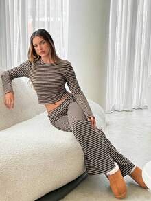 Women's Casual Loungewear Set, Including Striped Crew Neck Long Sleeve T-Shirt And Loose Straight Pants, Suitable For Daily Wear, Autumn/Winter, Back To School Season, Striped 2-Piece Set - Multicolor - View 6