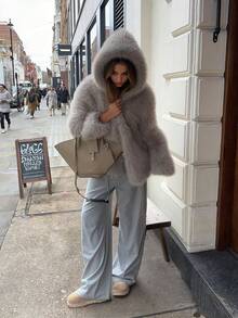 Casual Chic Faux Fur Hooded Women's Warm Daily Commute Hoodie Faux Fur Jacket, Chunky Sweatshirt, Winter Jacket For Women, Clothes For New Year - Grey - View 5