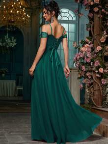 Women's Elegant Party Romantic Mesh Embroidered Evening Dress, Wedding Guest Formal Maxi Party Gown, Prom, Graduation, Wedding Reception - Dark Green - View 2