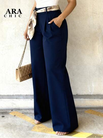Pantalones anchos de talle alto en azul marino con efecto drapeado para mujer talla grande de ARA CHIC - Estilo casual y desenfadado, ajuste ceñido, largo hasta el piso, para ir al trabajo, nuevo estilo de otoño e invierno
