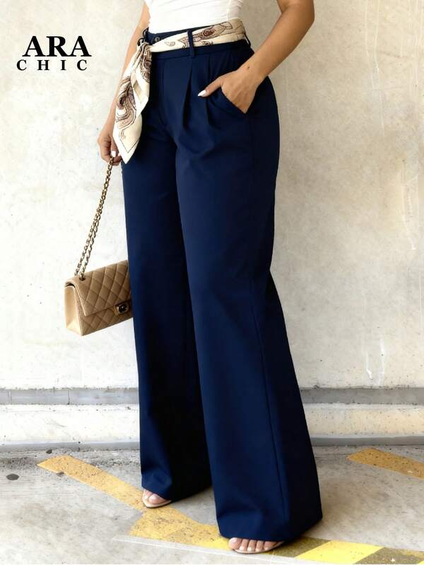 ARA CHIC Women's Plus-Size Navy Blue High-Waisted Wide-Leg Pants With Draping Effect - Casual, Effortless Style, Slim-Fitting, Floor-Length, For Commuting, New Autumn Winter Style