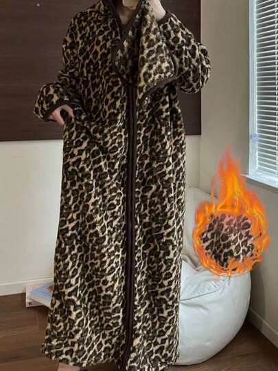 1 pieza Clásico vestido de dormir con capucha de mujer con estampado de leopardo, forro polar cálido, manga larga, cremallera, perfecto para estar en casa en otoño/invierno, ropa de estar en casa | Vestido de dormir con capucha | Textura suave