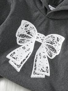 2 件套女婴休闲时尚灰色和黑色针织连帽衫上衣，蝴蝶结印花和蕾丝边开衩裤套装，春秋 - 深灰色 - 查看 5