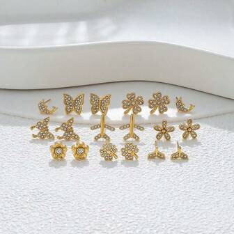 一对优雅简约闪亮18K镀金不锈钢蝴蝶/海豚/鱼尾/飞机/三叶草/五瓣花耳钉，适合女性日常佩戴、派对、送礼、圣诞节、万圣节、度假、叠戴。