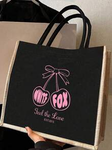 1/2pcs Ladies' Cherry Printed Handbag - Large Capacity Durable Linen Shoulder Backpack With Fixed Belt Design, Suitable For Shopping, Travel,Daily Use, Sturdy Structure,Durable Fabric, Printed, Machine Washable, Suitable For Work, School, Shopping, Birthdays, And Holiday Gifts, Women's Fashionable Handbag,Linen Tote Bag, Lightweight And Multifunctional, Suitable For Work, School Or Daily Use