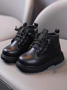 1 paire de bottes de cheville à lacets avec fermeture éclair latérale, doublées thermiques, à semelle souple antidérapante pour enfants. Simples et , conviennent pour l'hiver.