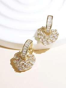 2pcs Luxury Copper Plated Gold Cubic Zirconia Decorated Heart Shaped Earrings For Women, Ideal For Wedding Events Valentine's Day Accessories - Gold - View 5