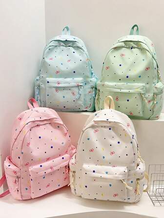 1pc Girls Nylon Backpack, Cute Bow Print, Versatile For School, Travel, Outdoor Activities, All Season