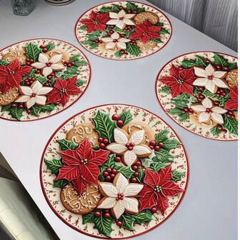 6 piezas/4 piezas/1 pieza Manteles individuales circulares para decoración de fiesta de Navidad, impresos con flores y patrones de galletas navideñas rojas y blancas - Material de lino de 15 pulgadas, antideslizante
