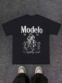 [Sporty T-Shirt]1pc Modelo Graphic Print Men's 100% Cotton T-Shirt,  Casual Sports Style Top T-Shirt,  Fashionable Street Style, Suitable For Travel And Sports WearRelaxed Plus Size T-Shirt - 黑色 - 查看 5