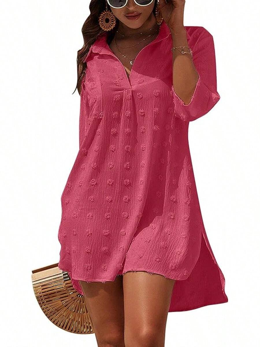 Women's Swimsuit Cover - Ups White Chiffon Bikini Swimwear Beach Dress Outfits Summer 6HQS - 豆沙紅 - 查看 1