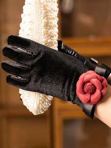 带山茶花图案的黑色天鹅绒手套，适合女士茶会服装/婚宴礼服、万圣节服装手套、圣诞节手套、特殊场合 1920 年代服装晚间歌剧手套 - 黑色 - 查看 3