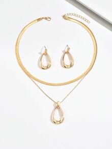 2pcs/Set Minimalist Necklace + Earrings Jewelry Set For Women, Fashionable Geometric Hollow Circle & Water Drop Pendant, Double Layer Snake Chain Necklace, Suitable For Casual, Party, Holiday Wear