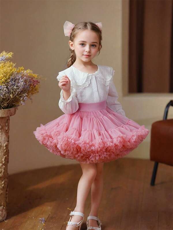 New Young Girl Tutu Skirt, Full Mesh Wide Waist Ballerina Princess Cake Puff Skirt, Light Pink