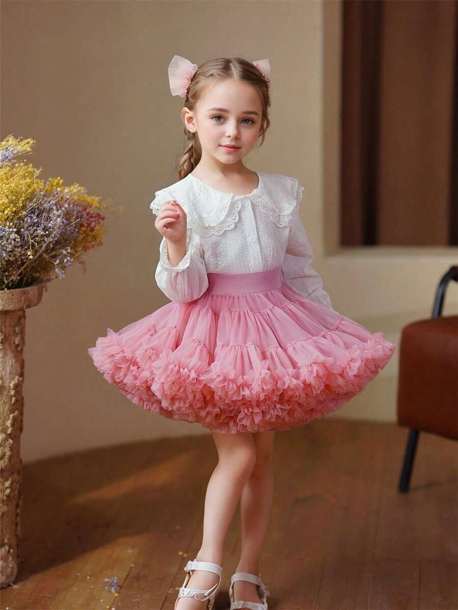New Young Girl Tutu Skirt, Full Mesh Wide Waist Ballerina Princess Cake Puff Skirt, Light Pink - Dusty Pink - View 1