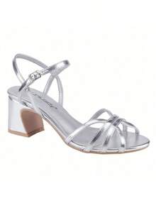 Women Chunky Heel Strappy Platform Heels Square Open Toe Heeled Sandals Ankle Strap Block Heel - Silver - View 1