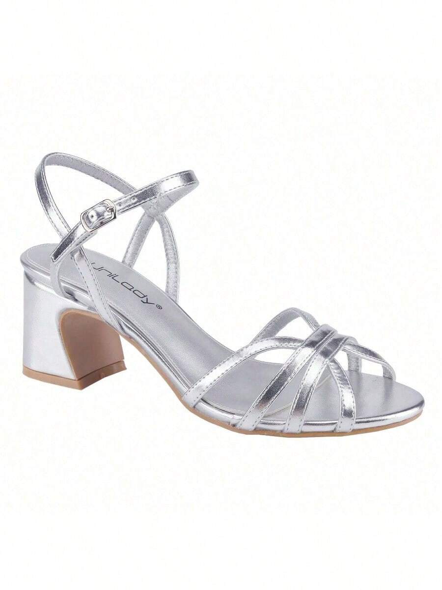 Women Chunky Heel Strappy Platform Heels Square Open Toe Heeled Sandals Ankle Strap Block Heel - Silver - View 1