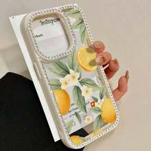 3-in-1 Double-Sided Phone Case with Lemon Flower and Rhinestones, Suitable for Series 16 Pro Max, 16, 15 Pro, 14, 14 Plus/14 Pro Max, 13, 13 Pro, 12 Pro, 11 Pro Promax.Non-slip and stain-resistant soft case suitable for men and women with diamond decorati