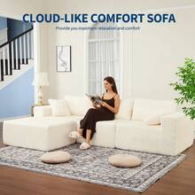 108inch Modular Sectional Sofa, Corduroy Sponge Compression Sofa With Deep Seat, Comfy Memory Foam Sofa For Living Room Bedroom, No Assembly Required(Ship In 2 Boxes) - White - View 7