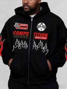 Áo khoác hoodie lót nhiệt có khóa kéo cỡ lớn dành cho nam, mùa đông, thiết kế in họa tiết thời trang, vừa vặn với cỡ lớn - màu đen - Xem 1