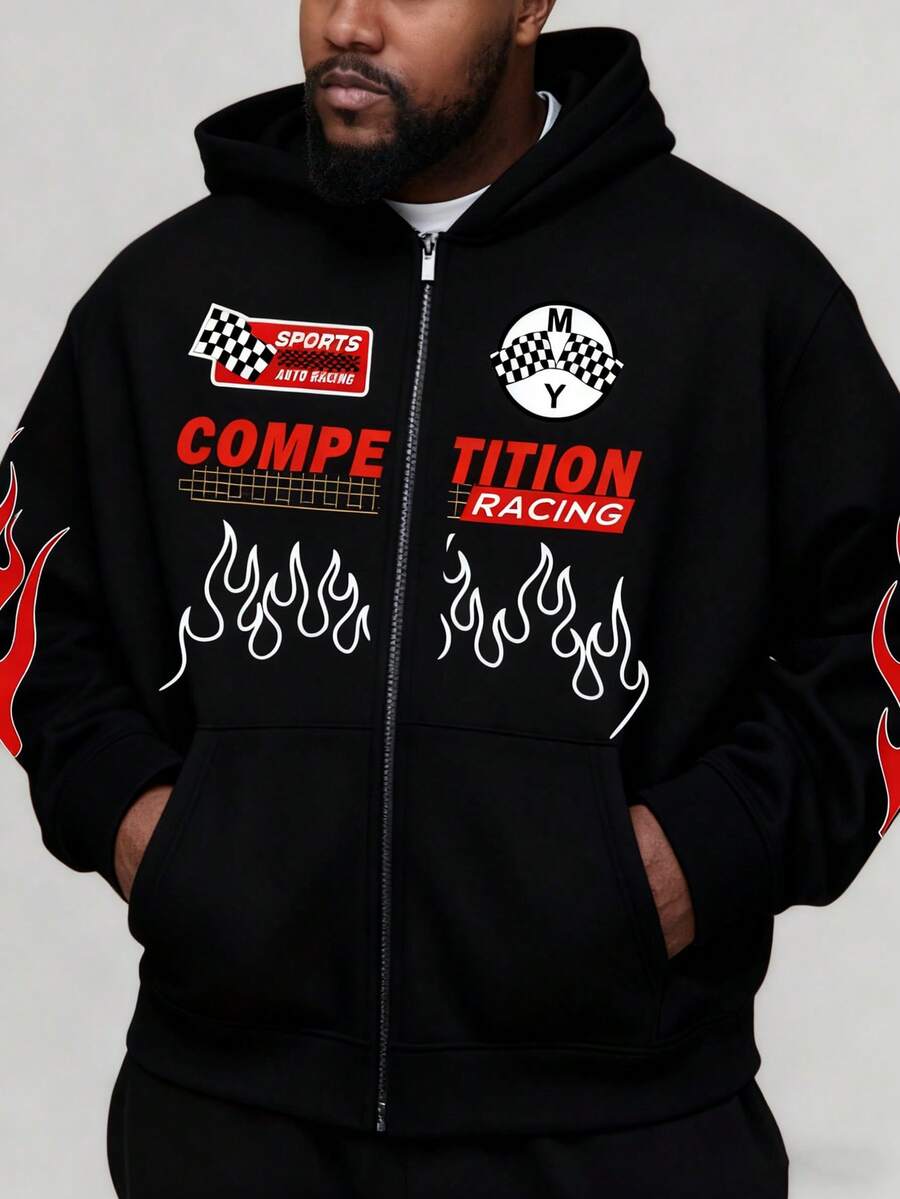 Áo khoác hoodie lót nhiệt có khóa kéo cỡ lớn dành cho nam, mùa đông, thiết kế in họa tiết thời trang, vừa vặn với cỡ lớn - màu đen - Xem 1