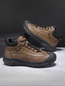 Men's High Top Outdoor Hiking Work Boots, Lace Up Anti-Slip Wear-Resistant Thick Sole Toe Protection Casual Trekking Ankle Boots For Men Daily Commute Outdoor Activities - màu nâu - Xem 2