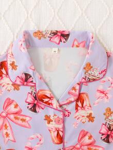 2pcs/Set Girls & Teens Casual Bow & Ice Cream Print Lapel Long Sleeve Cardigan And Pants Pajama Set, Flame Retardant, Suitable For Christmas And All Seasons - Purple - View 4