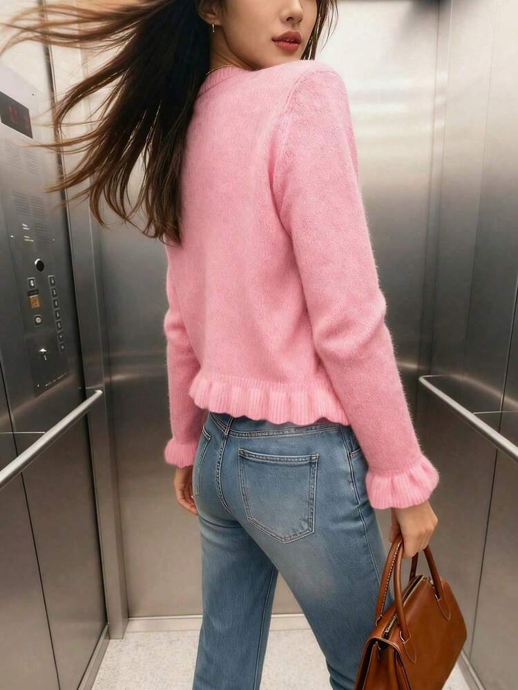 2025 New Elegant Women Round Neck Ruffle Layered Pleated Knit Sweater, Versatile Casual, Autumn/Winter, Solid Gray - Pink - View 3