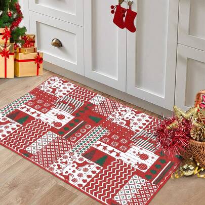 Christmas Area Rug Christmas Patchwork Pattern Small Entryway Rug Doormat Non-Slip Holiday Decorative Washable Floor Carpet For Indoor Front Entrance Kitchen Bathroom Christmas Decorations Home Christmas Gifts Christmas Decor