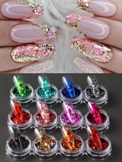12色六边形美甲亮片，美人鱼幻彩亮片，全息闪亮薄片，Y2K时尚美甲装饰，婚礼美妆配件，DIY美甲用品，魅力装饰