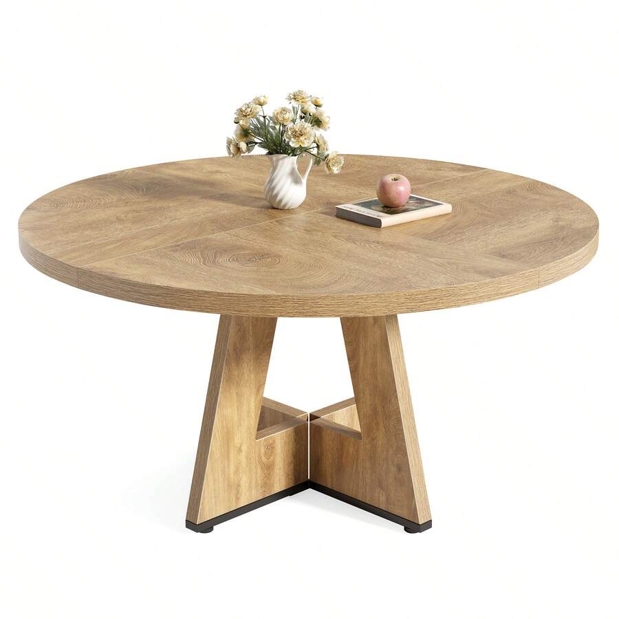 LITTLE TREE Round Dining Table Kitchen Table, 120 Cm Dining Room Tables For 4 People, Farmhouse Dinner Table With Wooden Table Top And Legs (Only Table) - 橡木色 - 查看 1