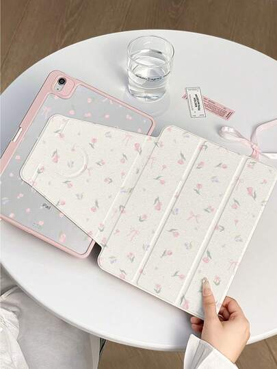1 Piece, Pink Full Screen Tulip Pattern Double-Sided Y-Fold Rotating Tablet Case, Transparent Anti-Bend Acrylic Back Cover, Compatible With IPad 10/9/11th 2025, Supports Automatic Wake/Sleep, Multi-Angle Support, Includes Pen Slot, Essential Protective Case Accessory For Office And Study, Non-Magnetic Protective Case