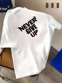 Popular  Men's Short Sleeve Shirts Never Give Up Letter Pattern Print Casual Summer Tops, Men's Fashion Casual Round Neck Short Sleeve, Suitable For Daily Wear And Various Occasions. Roomy And Comfortable - 白色2 - 查看 12