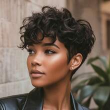 Women'S Layered Short Curly Pixie Cut Wig With Bangs - Remy Peruvian Human Hair, Glueless Full Machine Made Curly Wave Wig, Music Festivals & Everyday Styling - Density, Suitable For All Light Types, Short Hair Wig