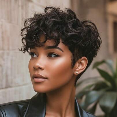 Women'S Layered Short Curly Pixie Cut Wig With Bangs - Remy Peruvian Human Hair, Glueless Full Machine Made Curly Wave Wig, Music Festivals & Everyday Styling - Density, Suitable For All Light Types, Short Hair Wig