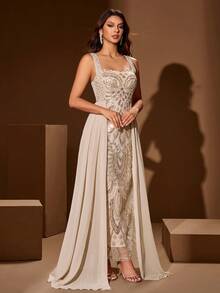 Elisanya Đầm dài không tay màu trơn cổ vuông, thêu họa tiết cầu kỳ, đính cườm và sequin dành cho nữ, thích hợp cho các dịp trang trọng, tiệc chiêu đãi, liên hoan, lễ đính hôn. - Màu be - Xem 5