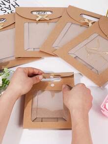 5pcs Bowknot Transparent Window Gift Bags, Extra Small/Small/Medium/Large Size, Brown Color, Suitable For Birthday Party, Christmas, Mystery Box