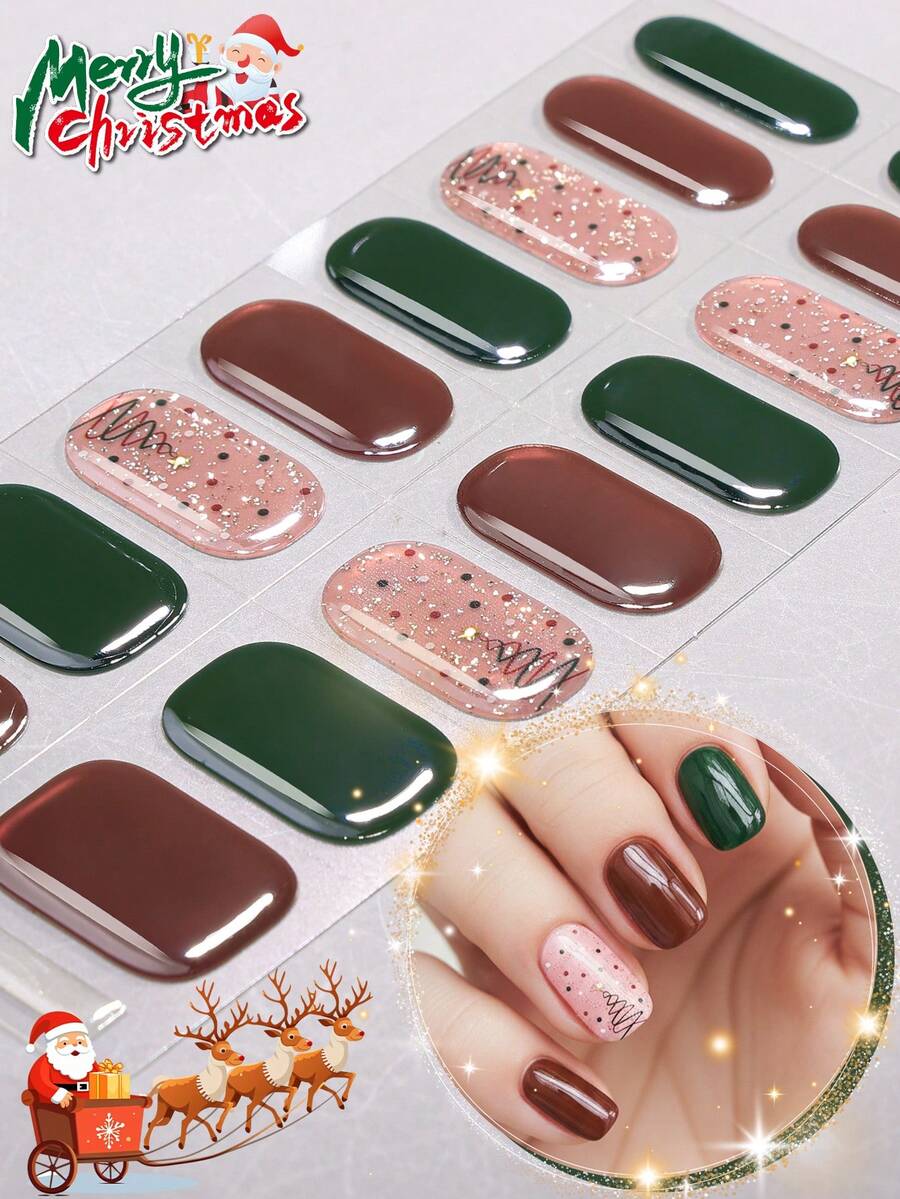 16 miếng dán móng tay gel bán cứng Giáng sinh, Miếng dán móng tay nghệ thuật bằng gel UV lấp lánh hình cây thông Noel màu đỏ và xanh lá cây, Chất lượng salon, Dễ dàng dán và tháo, Thích hợp cho phụ nữ làm đồ dùng nghệ thuật móng tay tự làm cho Giáng sinh