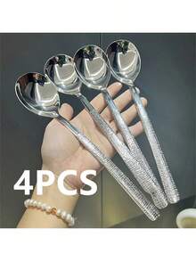 8/16/24件套优雅不锈钢锤纹圆头汤匙 - 适用于汤、米饭和甜点 - 耐用厨房和餐桌用具，汤匙 - 銀色 - 查看 12