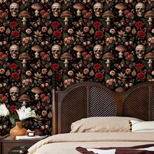 1Roll Halloween Gothic Style Wallpaper, Red Rose Skull Butterfly Seamless Splicing PET Wall Sticker, Removable No Glue Residue Contact Paper, - Multicolor - View 6