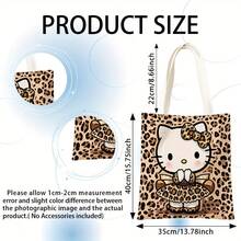 Leopard Print Tote Bag | Polyester, Large Capacity, Cute Cartoon Design With Bow & Leopard Print Dress, Perfect For Daily Use Or Travel, Casual Style, Hand Wash Only, Sturdy Handle Bag - Multicolor - View 2
