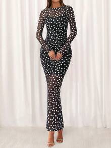 Women 2 Piece Dress Set See-Through Mesh Long Sleeve Polka Dot Sexy Bodycon Maxi Dress And Inner Spaghetti Strap Slip Dress Spring Fall Autumn Party Club Cocktail Wedding Valentine Long Dress Outfits - 大圓點黑色 - 查看 4