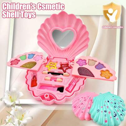 1/2 Túi đựng đồ trang điểm dễ thương cho trẻ em (5-10 inch), vỏ làm từ chất liệu ABS. Đồ chơi túi đựng đồ trang điểm cho bé gái, hộp đựng đồ trang điểm công chúa, bộ đồ trang điểm cho bé gái, kiểu dáng dễ thương, vỏ có màu hồng và xanh, hình dạng giống vỏ sò, có gương khi mở, mỹ phẩm có thể rửa sạch.