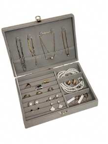 1个优雅三层首饰收纳盒，带抽屉 - 长方形布艺耳环架，防尘展示盒，完美的家居装饰品。男女皆宜。天鹅绒抽屉美观且品质上乘。精致的水晶拉手方便取用三个隔层中的首饰，整齐收纳耳环、项链和戒指。 - 彩色 - 查看 11