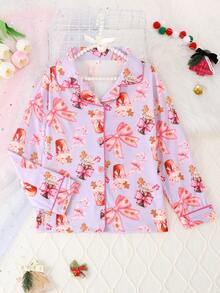 2pcs/Set Girls & Teens Casual Bow & Ice Cream Print Lapel Long Sleeve Cardigan And Pants Pajama Set, Flame Retardant, Suitable For Christmas And All Seasons - Purple - View 3