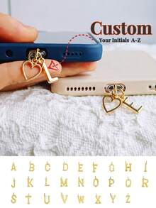 A Minimalist Golden Charm Phone Dust Plug Featuring The 26 Letters Of The Alphabet And A Heart Shape - A-Z Letter Pendant Stylish Heart-Shaped Charging Port Dust Cover, Compatible With Iphone/Type-C Interface, Perfect For Birthday And Holiday Gifts. - Multicolor - View 2