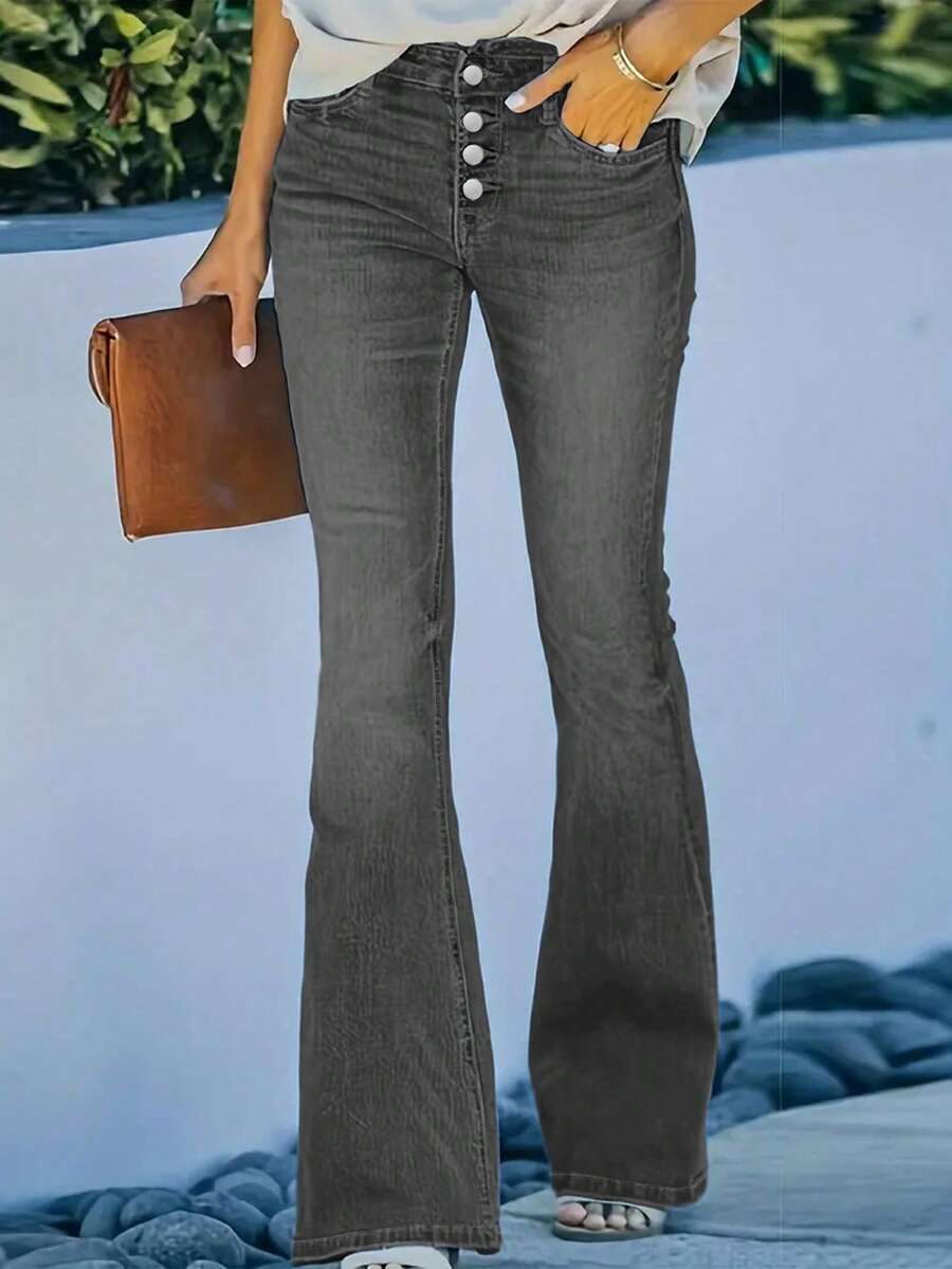 Blugi gri pentru femei, cu talie înaltă, slim fit, cu un singur nasture - Pantaloni retro casual, skinny, elastici și versatili, din denim